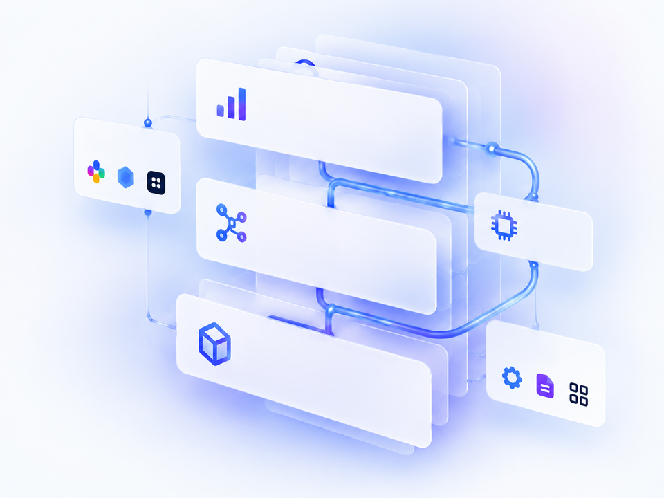 Illustration of layered panels for business, automation and systems, connected to cards for integrations, AI models and everyday tools.